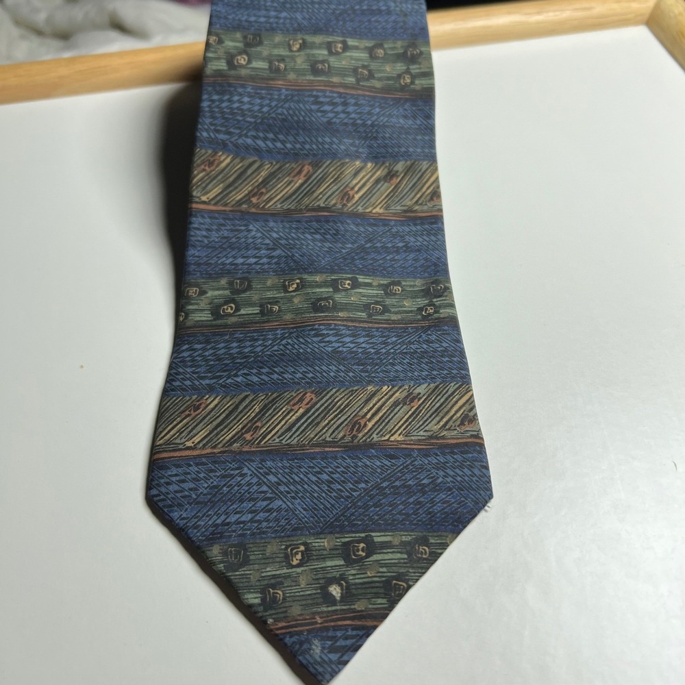 Daniel‎ Hechter Mens Silk Necktie Geometric Blue Green Gold Designer Old Money